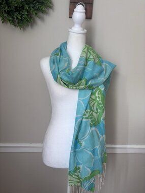 Lilly Pulitzer Womens Murfee Scarf Blue Green Floral Silk Cashmere Fringe Trim